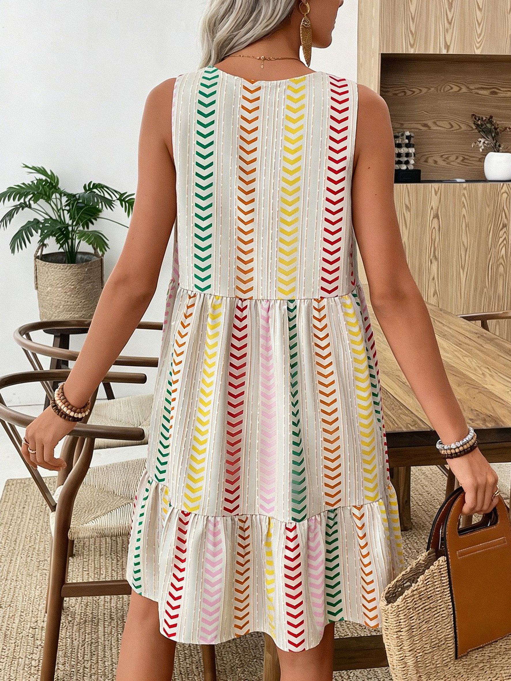 Women Geometric Printed Sleeveless V Neck Summer Boho Dress