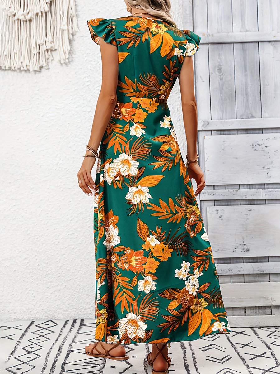 Women's Short Sleeve Summer Green Plain Split Joint V Neck Ruffle Sleeve Daily Going Out Vintage Maxi A-Line Tank Dress