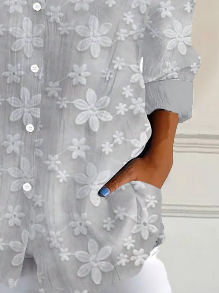 Women's Long Sleeve Shirt Spring/Fall White Floral Buckle Shirt Collar Daily Going Out Casual Top