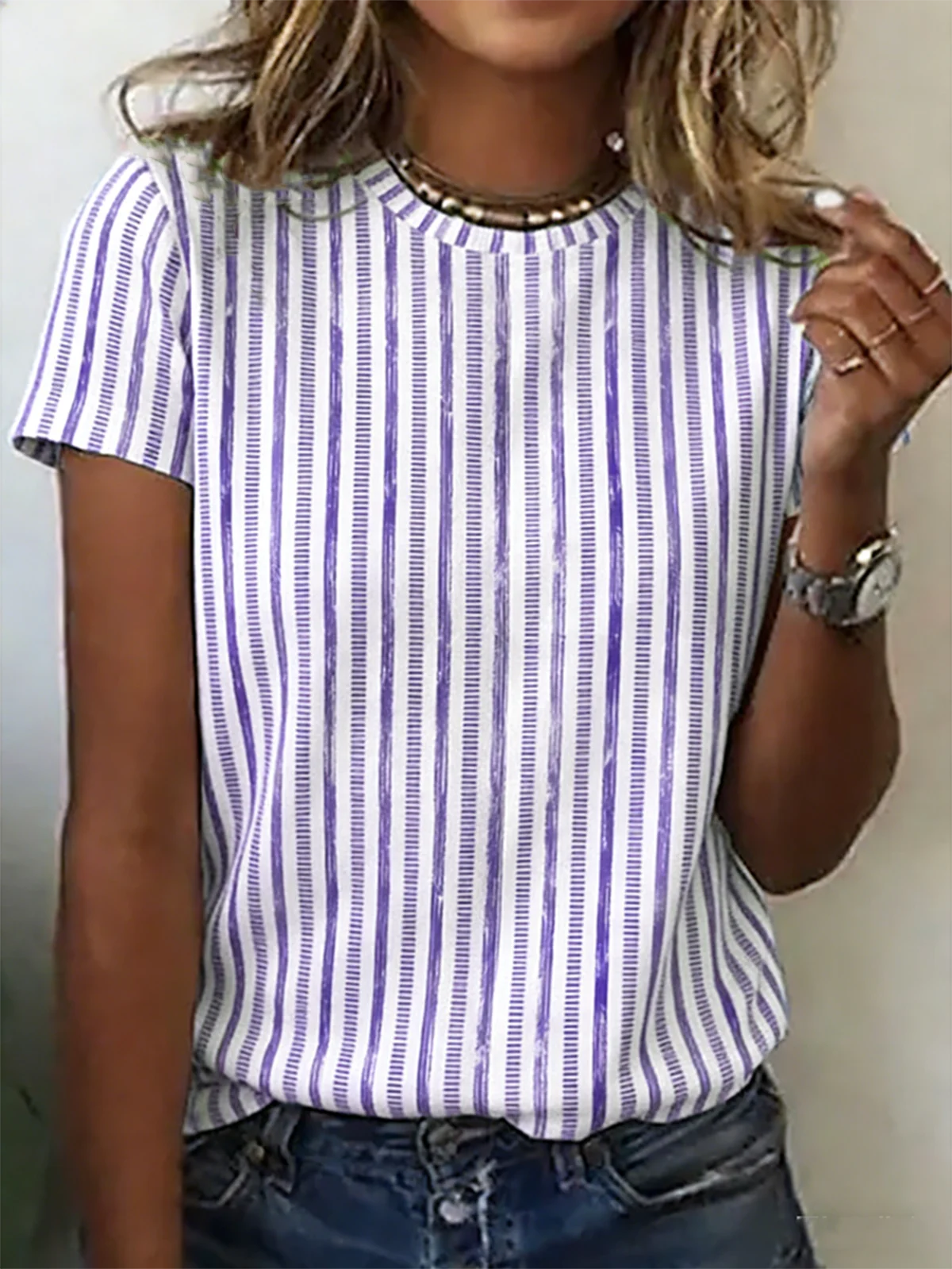 Brushstroke Stripe Print Crew Neck Short Sleeve Casual T-Shirt