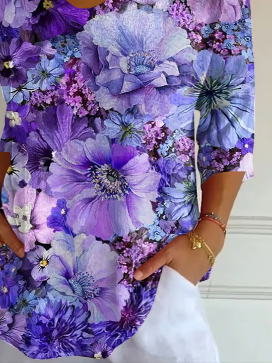 Women Casual Floral V neck Printing Daily Loose T-shirt