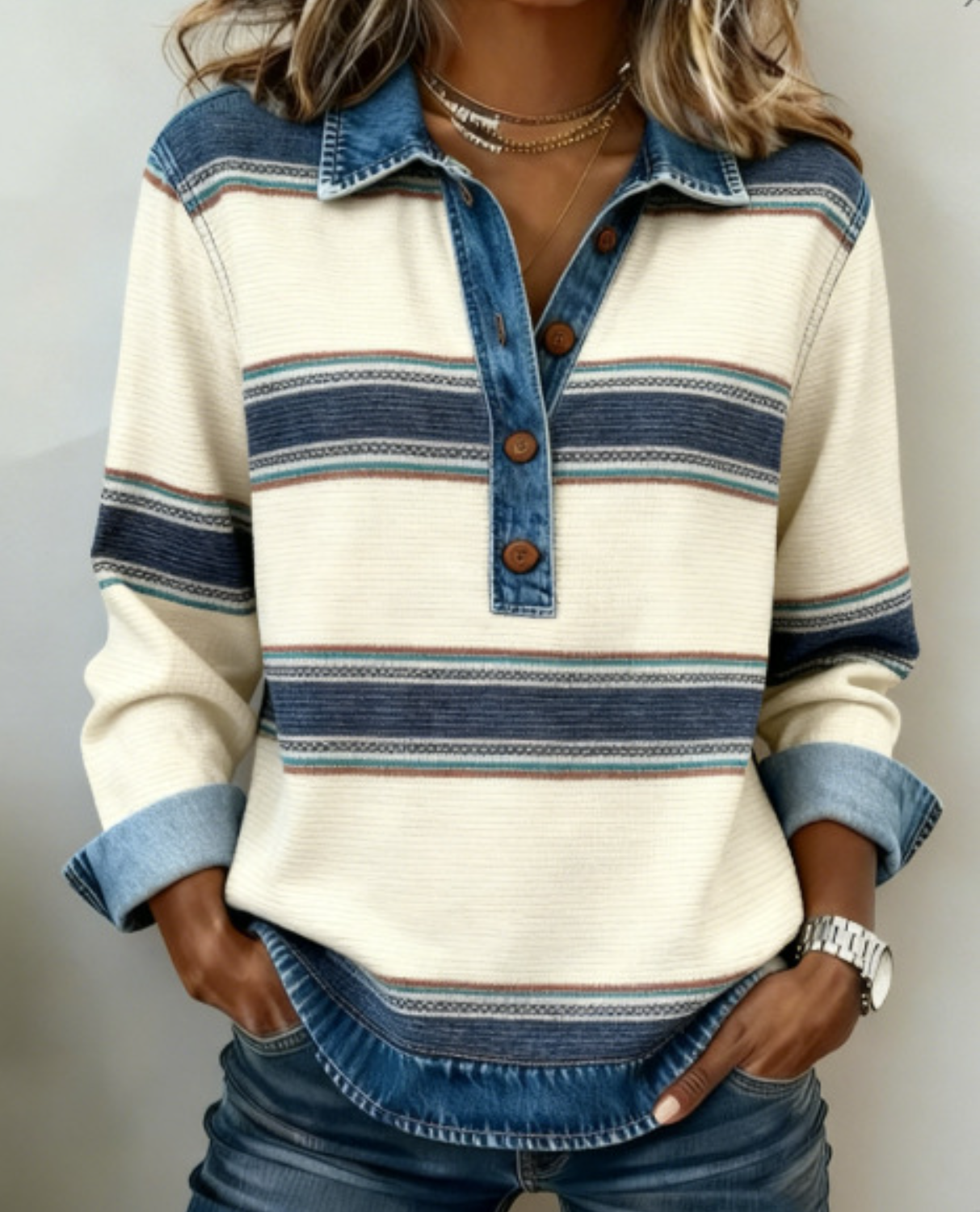 Striped Color Block Denim Casual Blouse