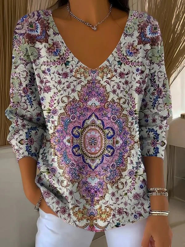Women's Long Sleeve T-shirt Spring/Fall Purple Ethnic Printing V Neck Daily Going Out Casual Top