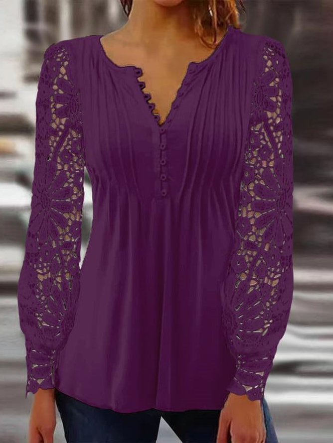 Lace Casual Loose V Neck Jersey Blouse