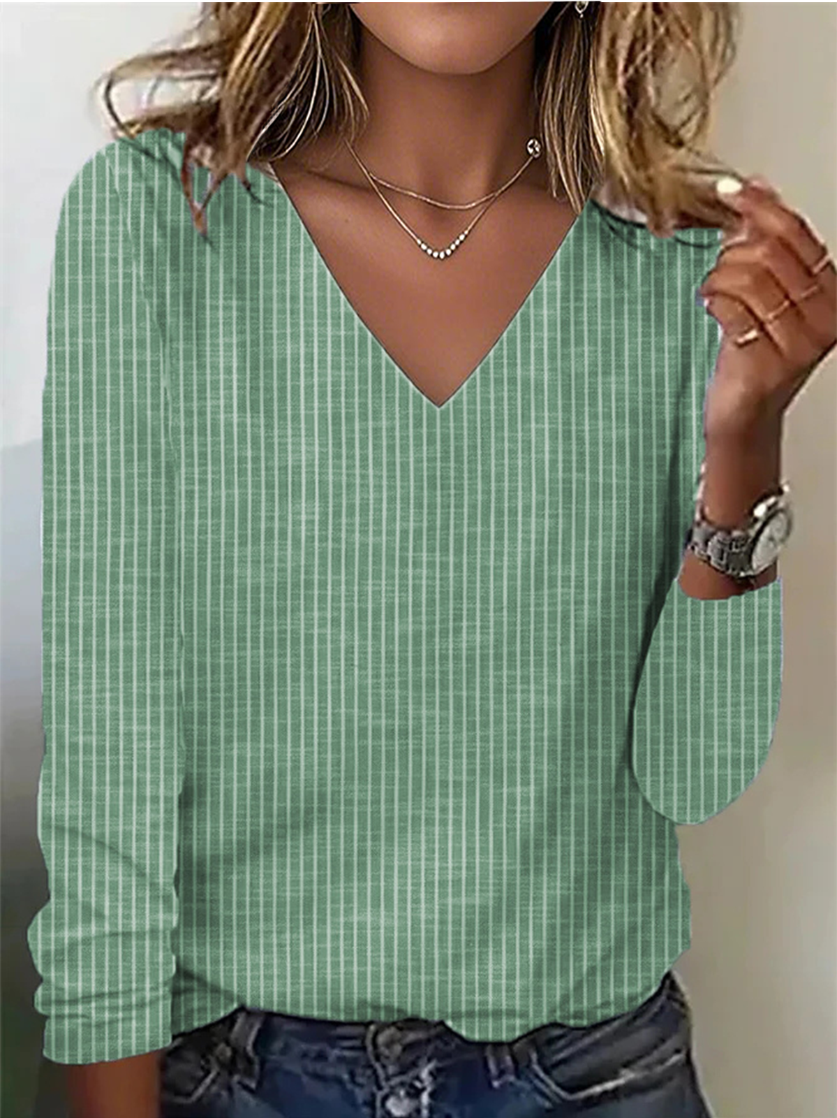 Casual Commuter Striped V Neck Long Sleeve T-Shirt