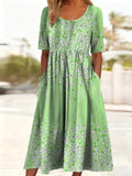 Women's Short Sleeve Summer Green Floral Printing Crew Neck Daily Going Out Casual Maxi H-Line Shift Dress Dress