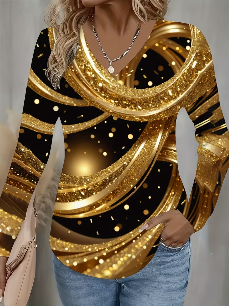Women's Long Sleeve T-shirt Spring/Fall Yellow Abstract Printing Jersey V Neck Daily Going Out Casual Top