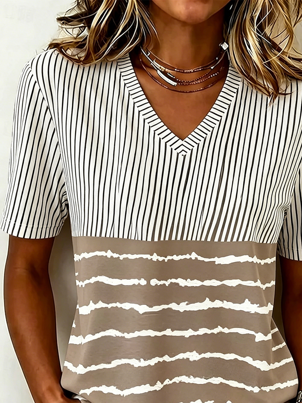 Loose V Neck Casual Striped T-Shirt