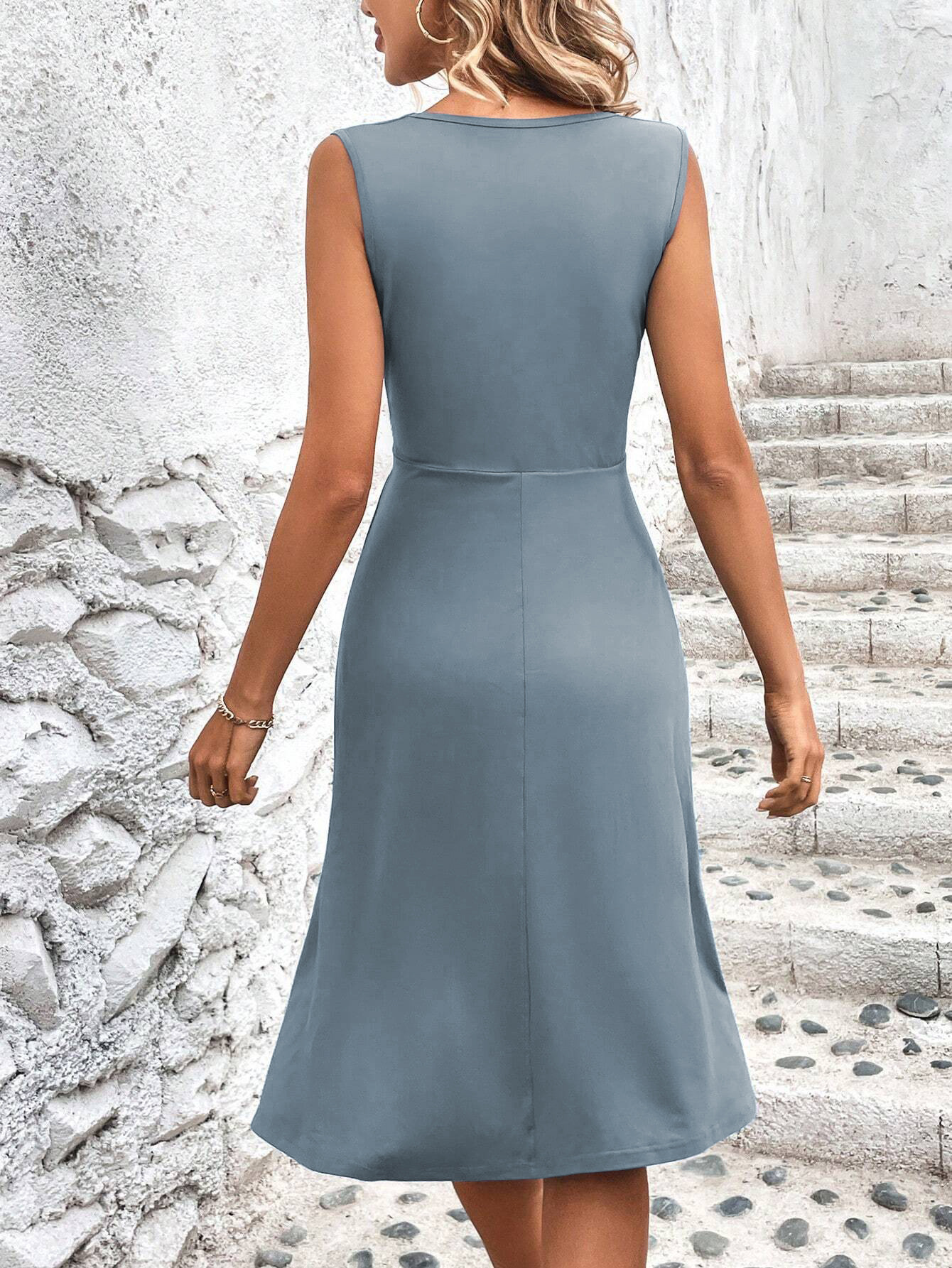 Plain V Neck Dress Crossed Pleats Waist Sleeveless Midi Dress