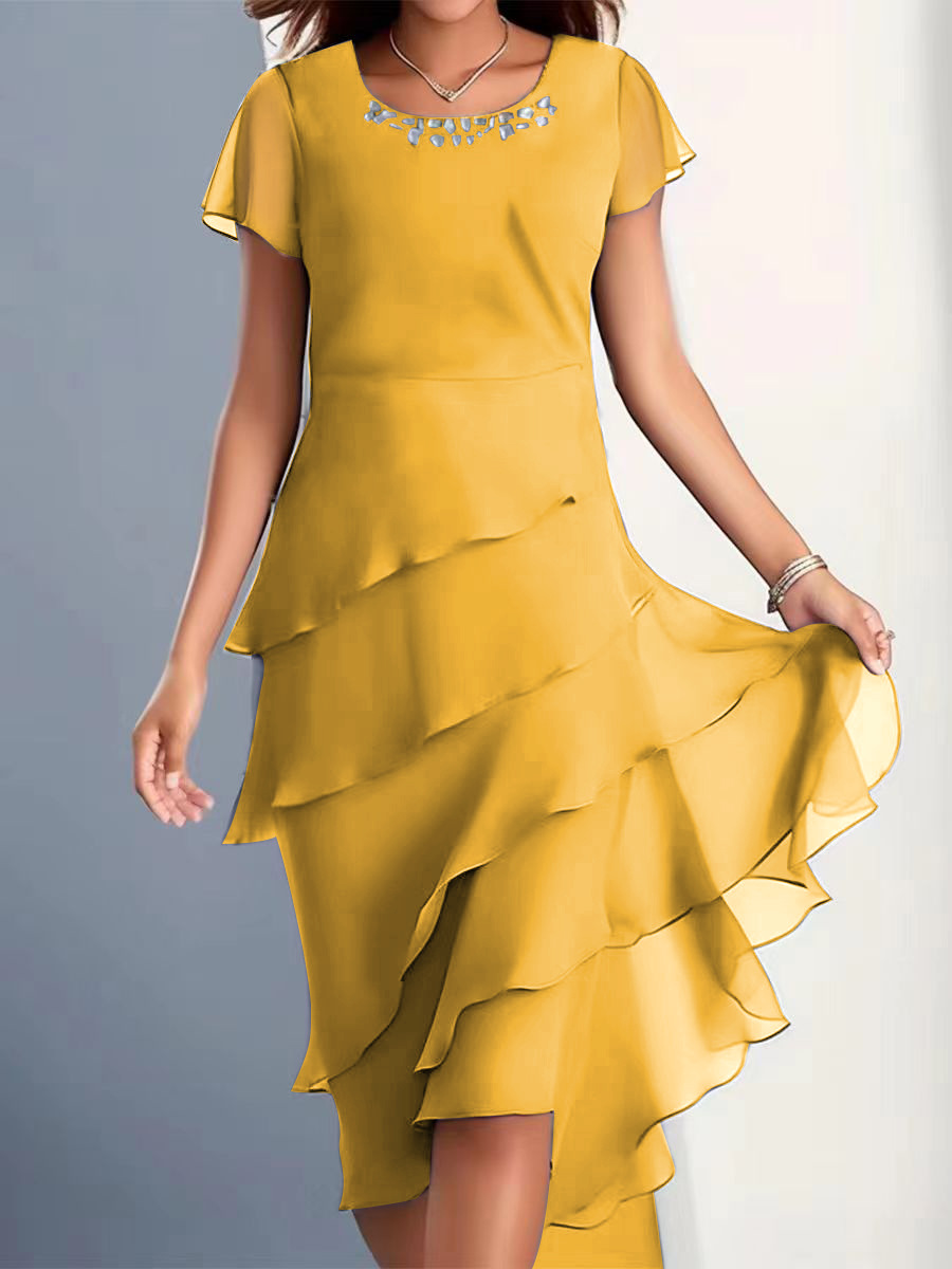 Plain Crew Neck Regular Fit Simple Dress With No