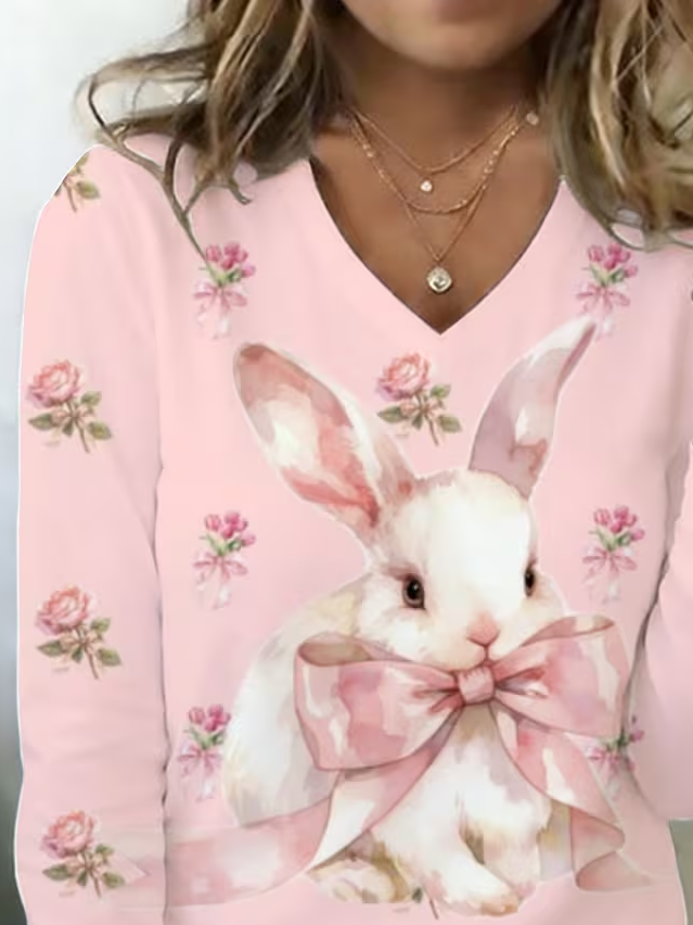 Women's Long Sleeve T-shirt Spring/Fall Pink Easter (rabbit) Printing V Neck Holiday Going Out Casual Top