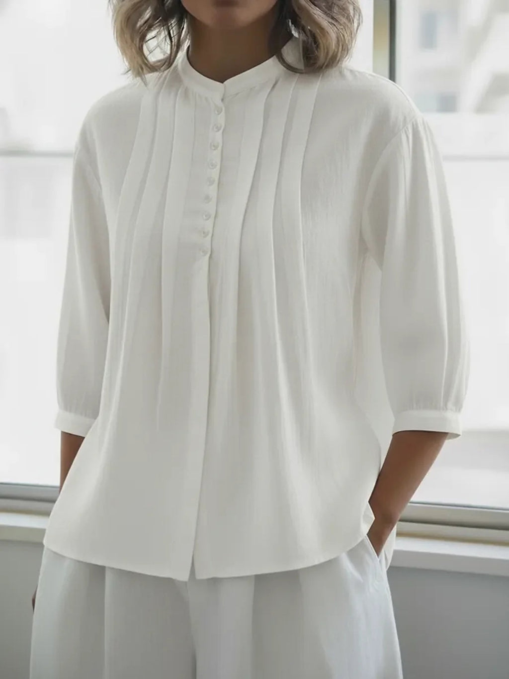 Cotton Casual Plain Ruched Stand Collar Shirt