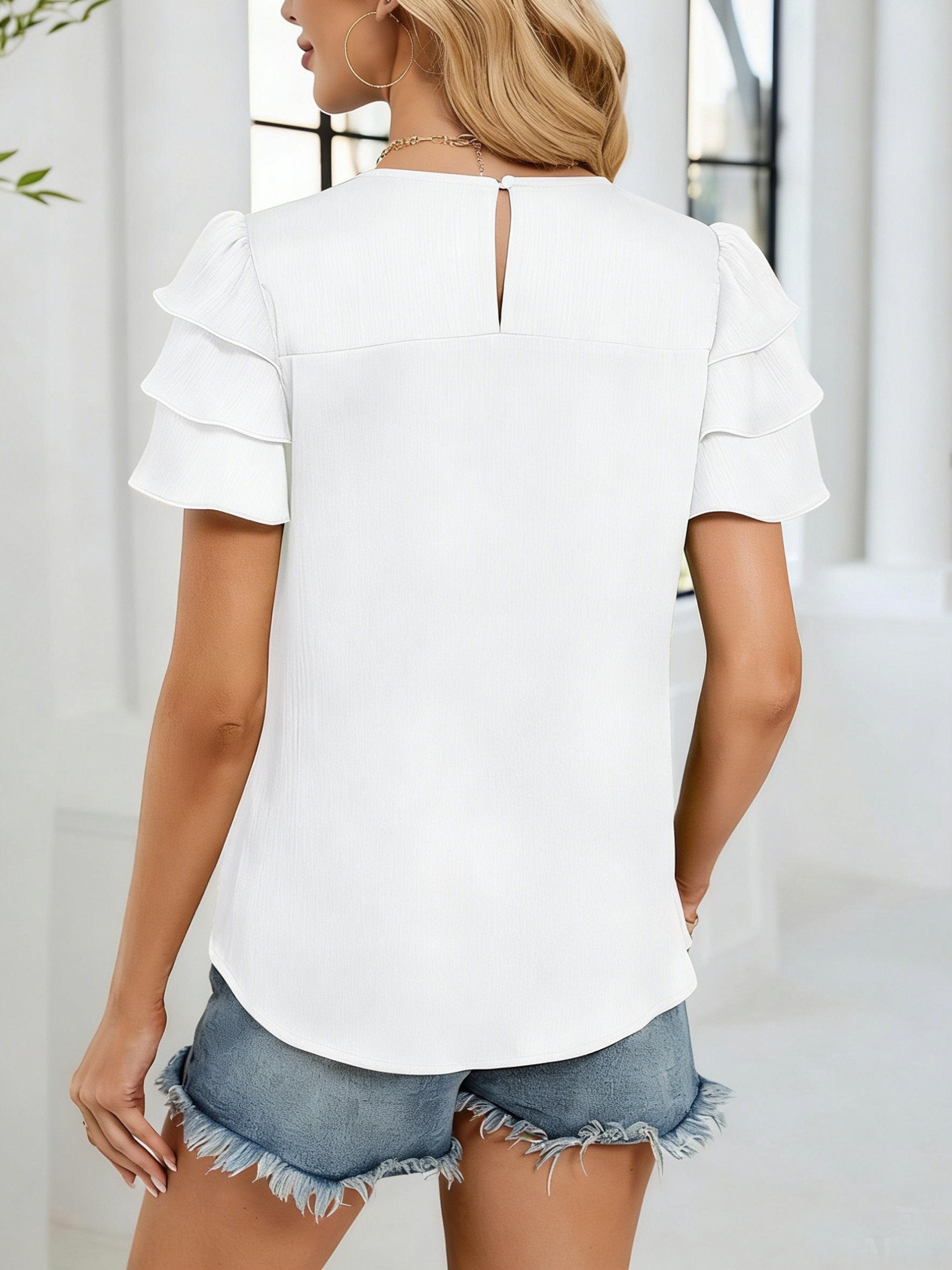 Satin Plain Smock Crew Neck Short Sleeve Casual Blouse
