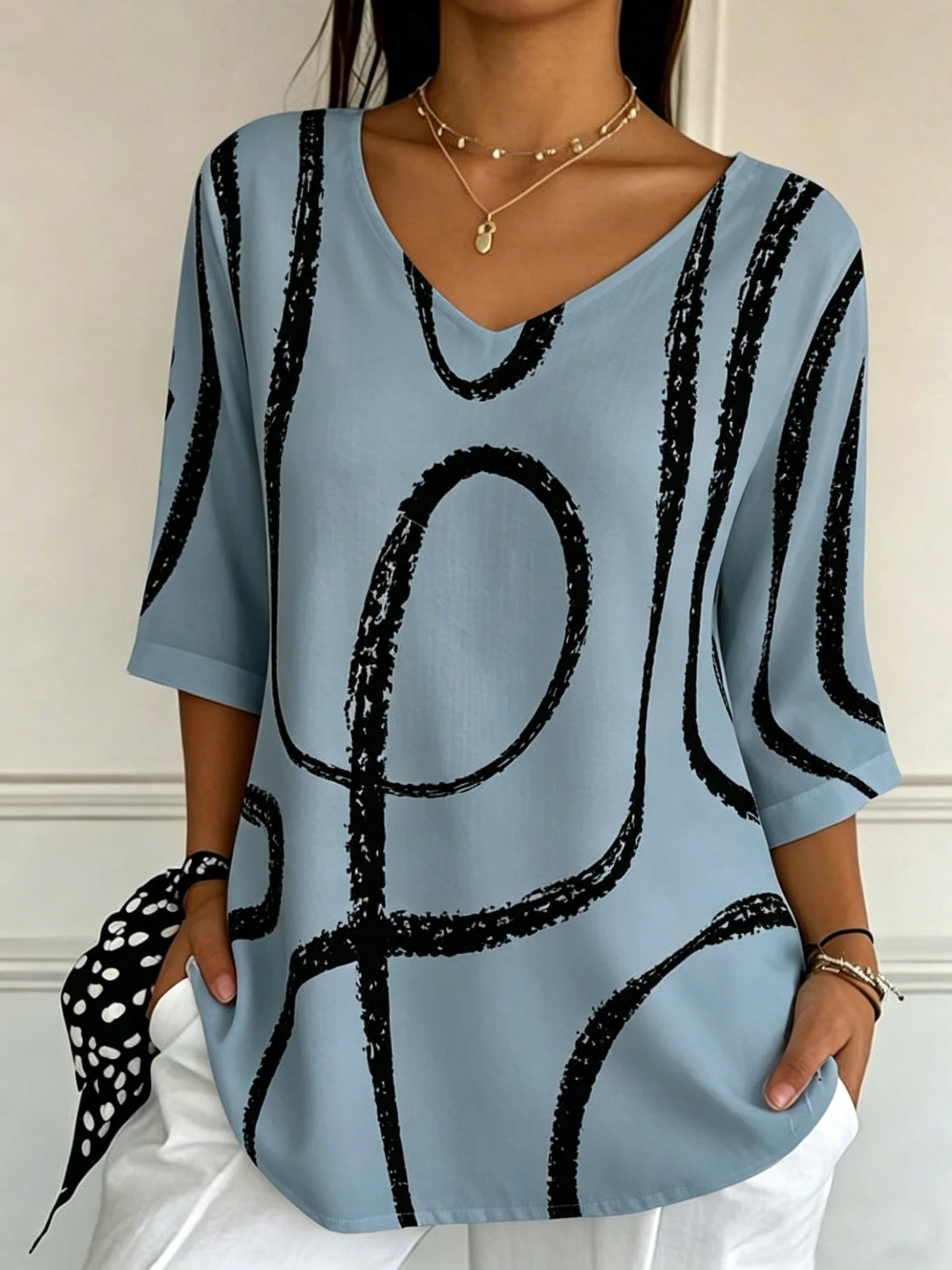 Women's Three Quarter Sleeve T-shirt Spring/Fall Vintage Abstract Geometric Print V Neck Daily Going Out Casual Top