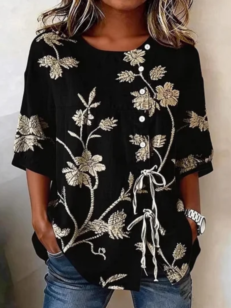 Elegant Crew Neck Linen Blend Blouse