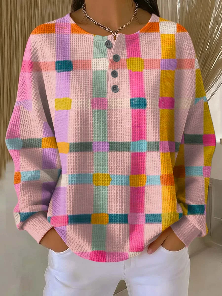 Women's Abstract Print Button-Up Casual Waffle Knit Sweatshirt