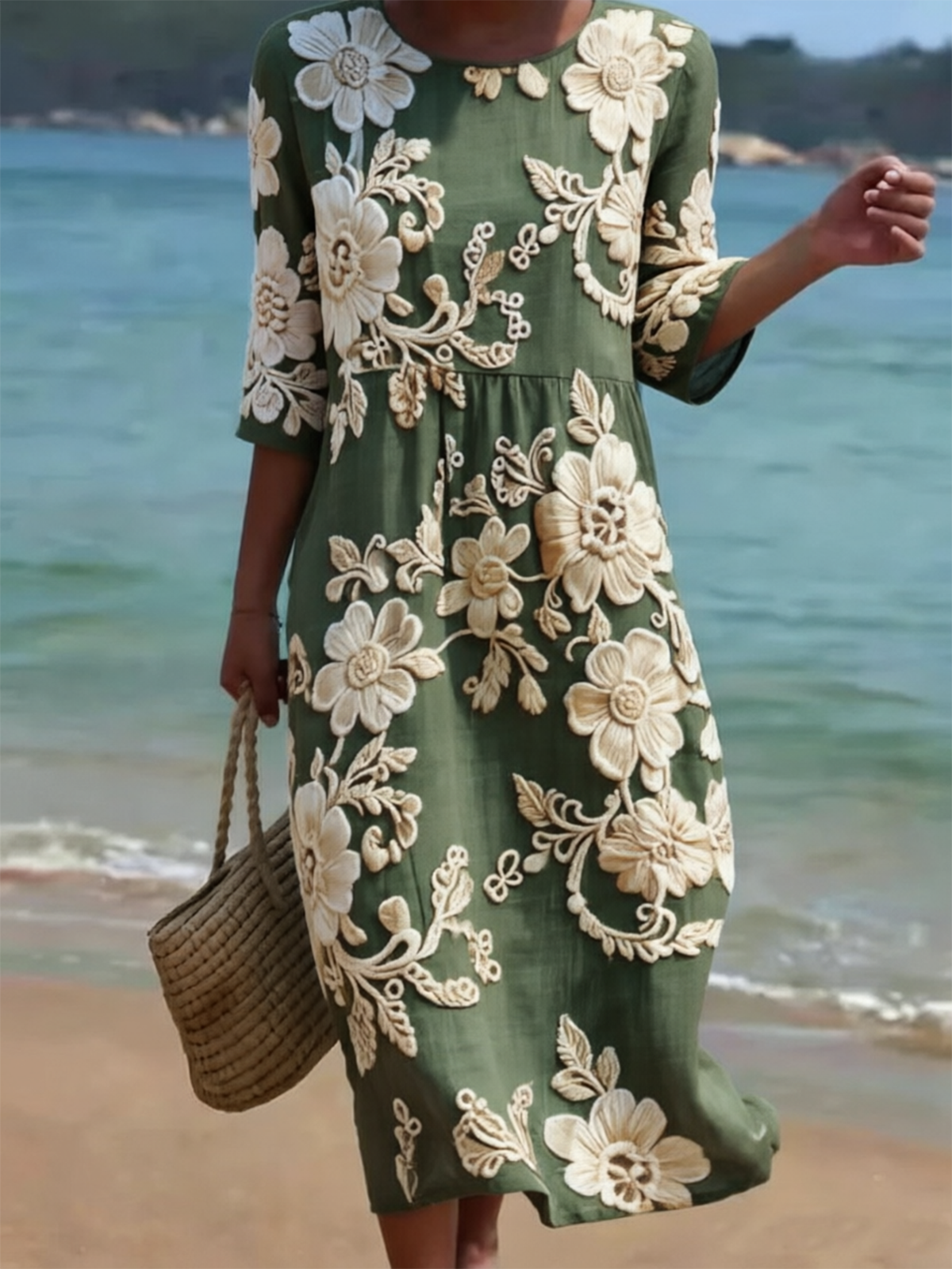 Light Blue Floral Print Half Sleeve Round Neck Midi Dress