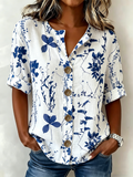 Women's White Blue Botanical Print Blouse Short Sleeve Button Down Casual Top