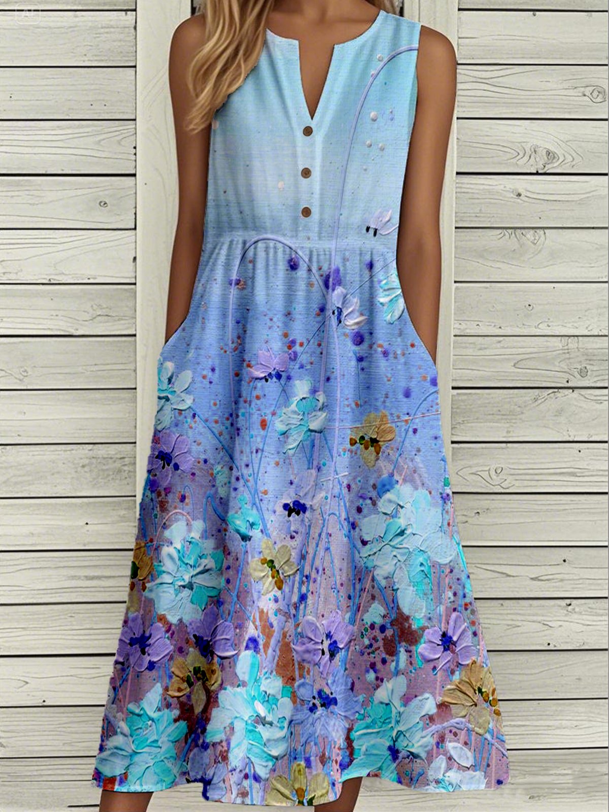 Loose Floral Casual Buckle Dress With No