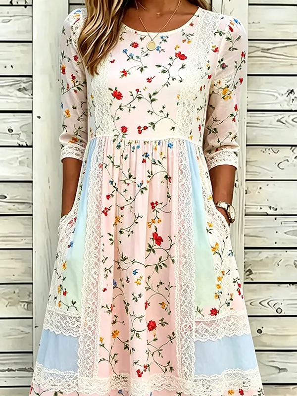 Women's Half Sleeve Summer Pink Floral Printing Crew Neck Daily Going Out Casual Maxi H-Line Dress