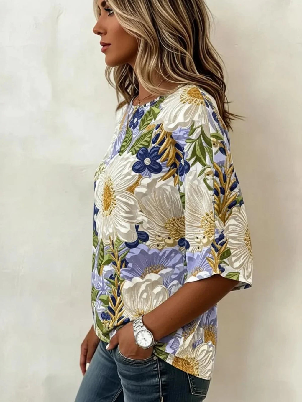 Vintage Crew Neck Cotton And Linen Floral Blouse