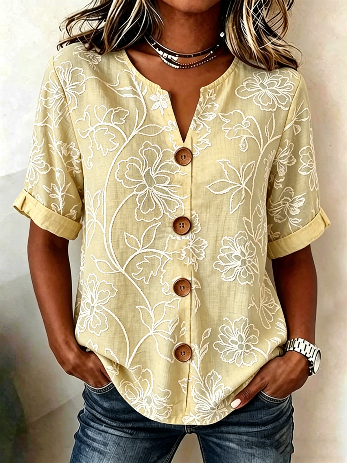 Vintage Blue Floral V-Neck Blouse with Wooden Buttons