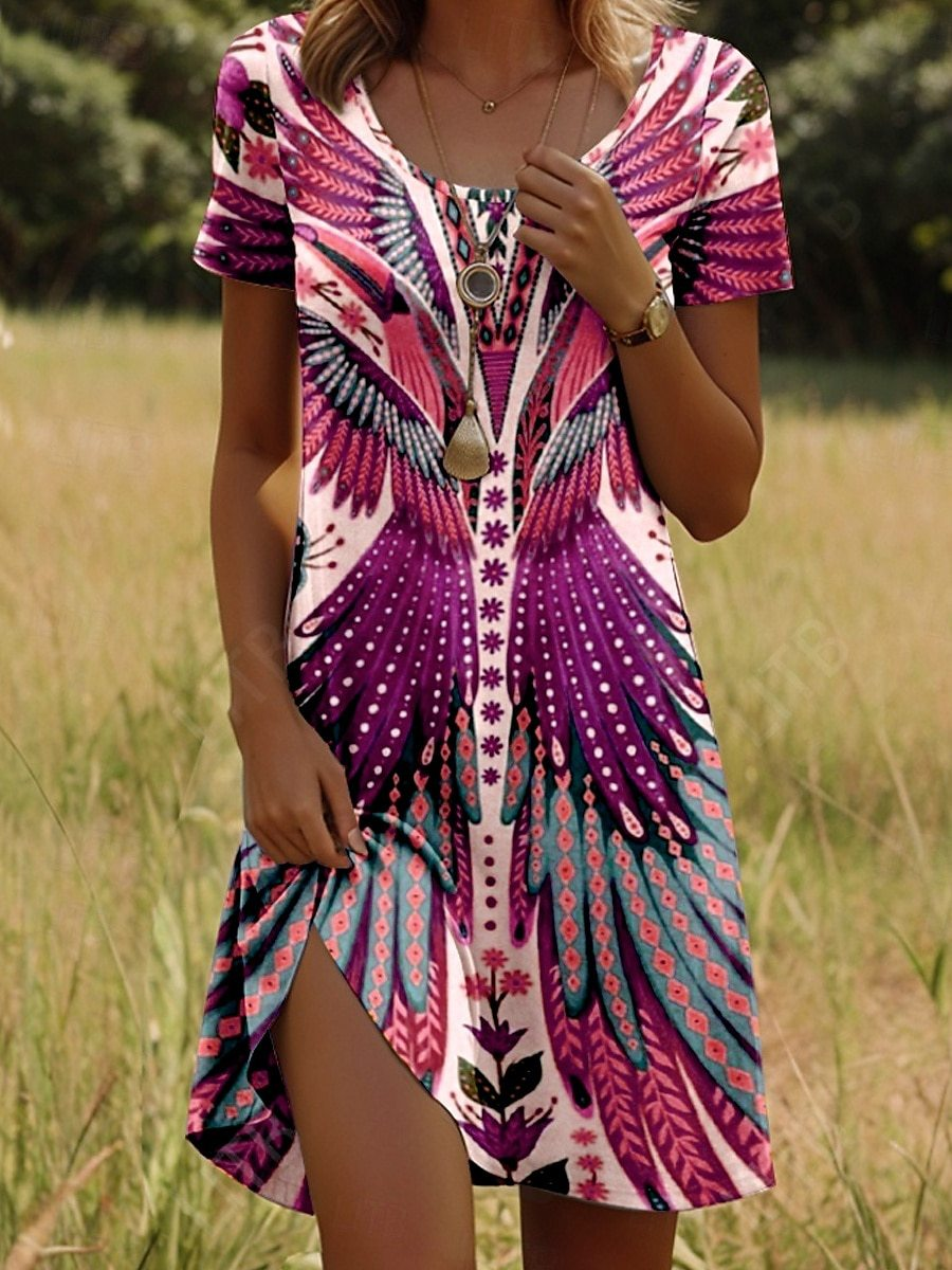 Women’s Vintage Short Sleeve Scoop Neck Midi Dress Boho Beach Dress