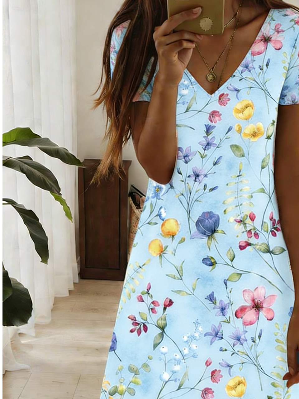 Regular Fit V Neck Floral Simple Dress With No