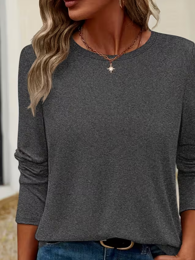 Women's Long Sleeve T-shirt Spring/Fall Gray Plain Printing Jersey Crew Neck Daily Going Out Casual Top