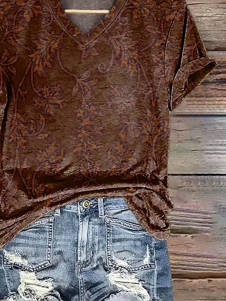 Women's Short Sleeve T-shirt Summer Brown Floral Printing V Neck Daily Going Out Casual Top