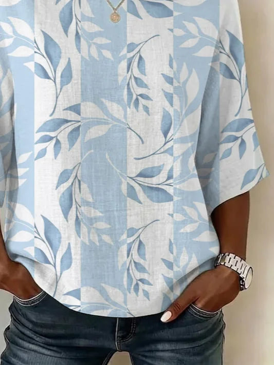 Women's Half Sleeve Blouse Summer Blue Floral Printing Crew Neck Daily Going Out Vintage Top