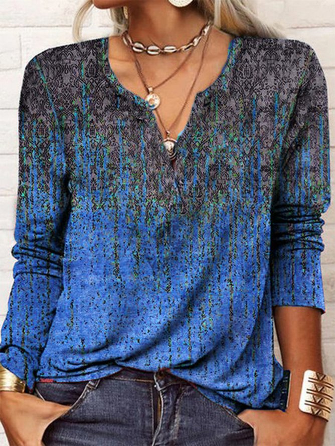 Print Casual V Neck Long Sleeve T-Shirt