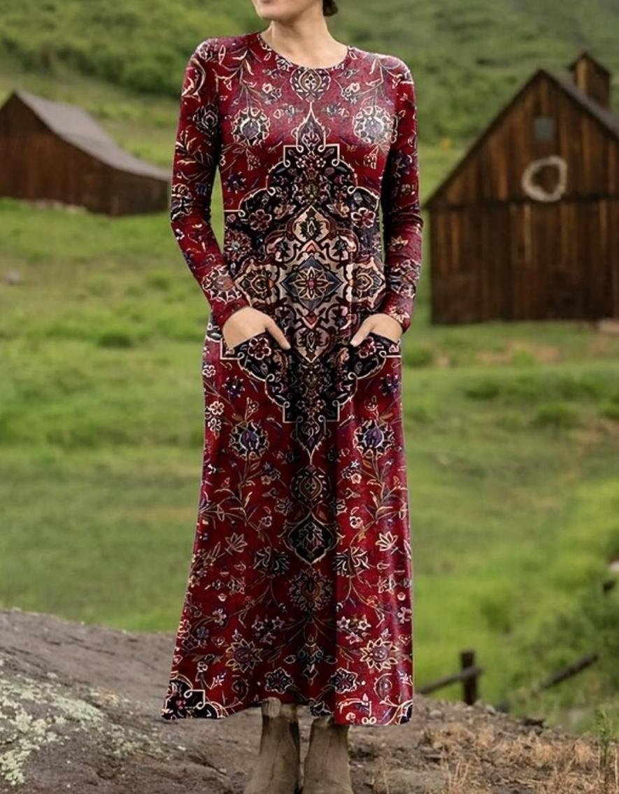 Women's Maxi T-shirt Dress Vacation Casual Bohemian Style Holiday Date Regular Fit Floral Pattern Geometric Long Sleeves Round U Neck