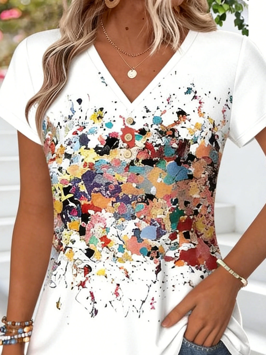 Abstract Random Print Jersey Casual V Neck T-Shirt