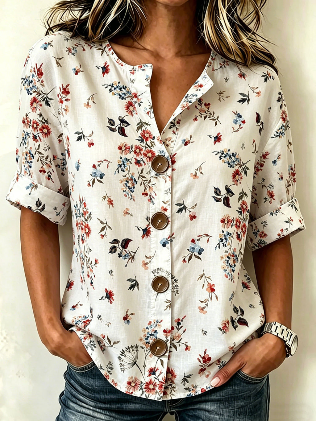Vintage Floral Printed Stand Collar Botton Spring Summer Linen Blend Casual Shirt