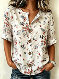 Vintage Floral Printed Stand Collar Botton Spring Summer Linen Blend Casual Shirt