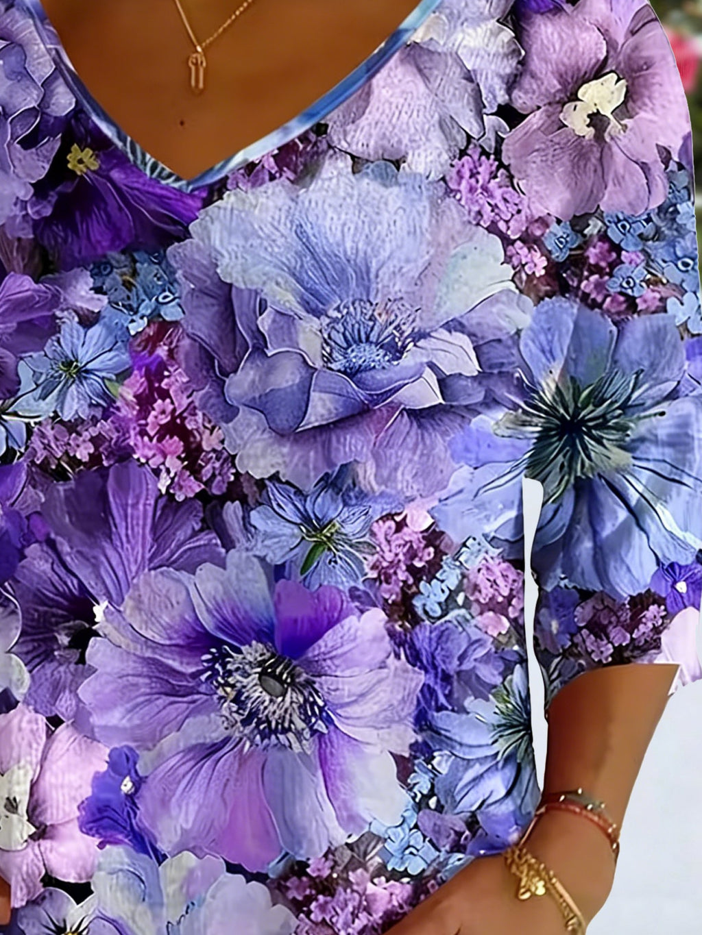 Women's Three Quarter Sleeve T-shirt Spring/Fall Purple FloralPrinting V Neck Daily Going Out Casual Top