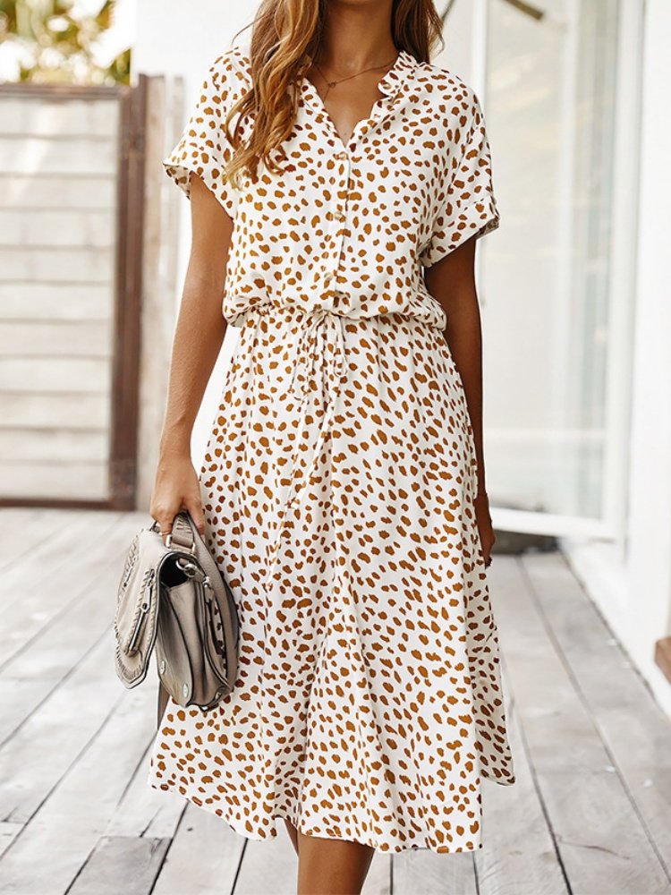 Women's Short Sleeve Summer Blue Polka Dots Split Joint V Neck Daily Going Out Vintage Maxi A-Line T-Shirt Dress Dress