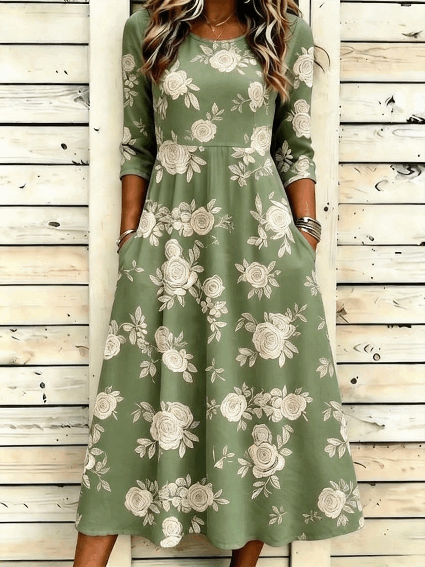 Floral Crew Neck Regular Fit Casual Dress With No