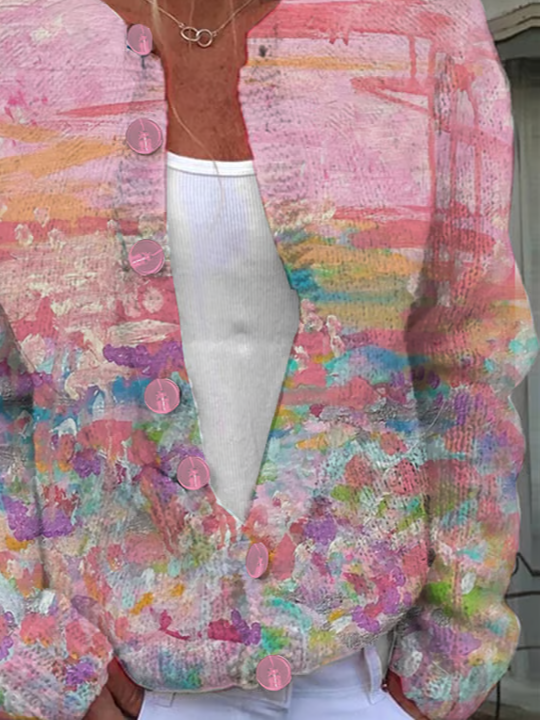 Women's Abstract Print Casual Long Sleeve Button Cardigan Sweater