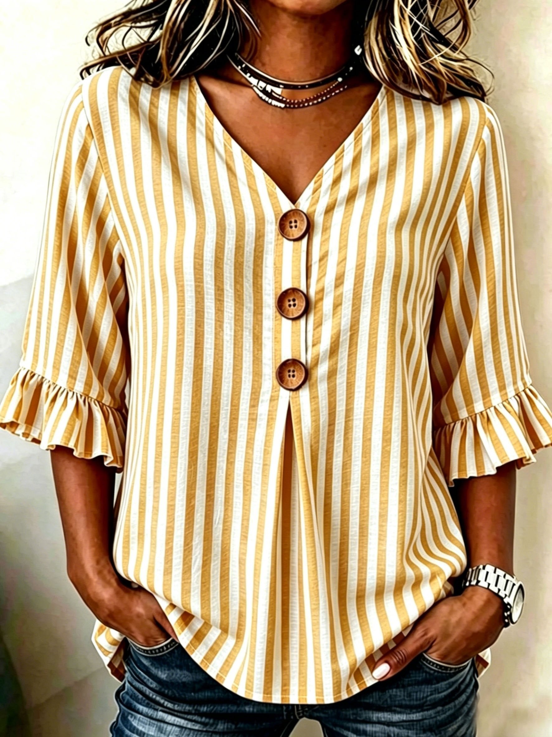 Blue Striped V Neck Ruffle Short Sleeve Button Daily Going Out Casual Blouse