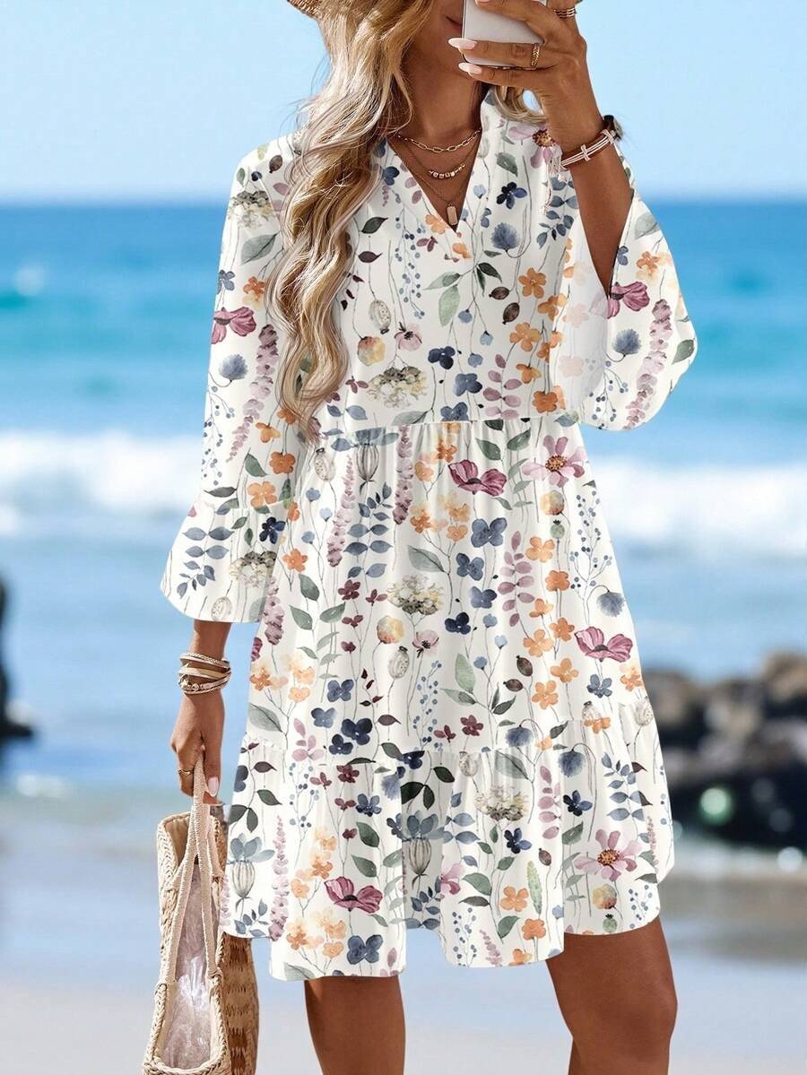 Elegant Loose Cotton-Blend Floral Dress With No