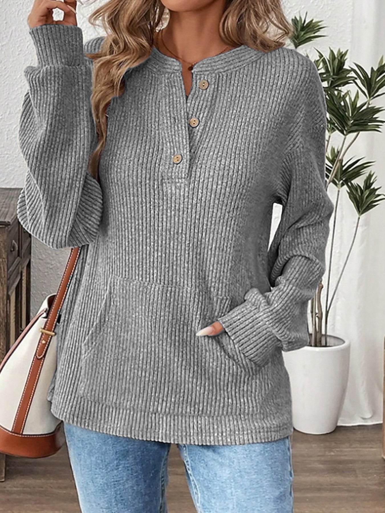 Women's Long Sleeve T-shirt Spring/Fall Aqua Plain Buckle Cotton-Blend V Neck Daily Going Out Casual Top