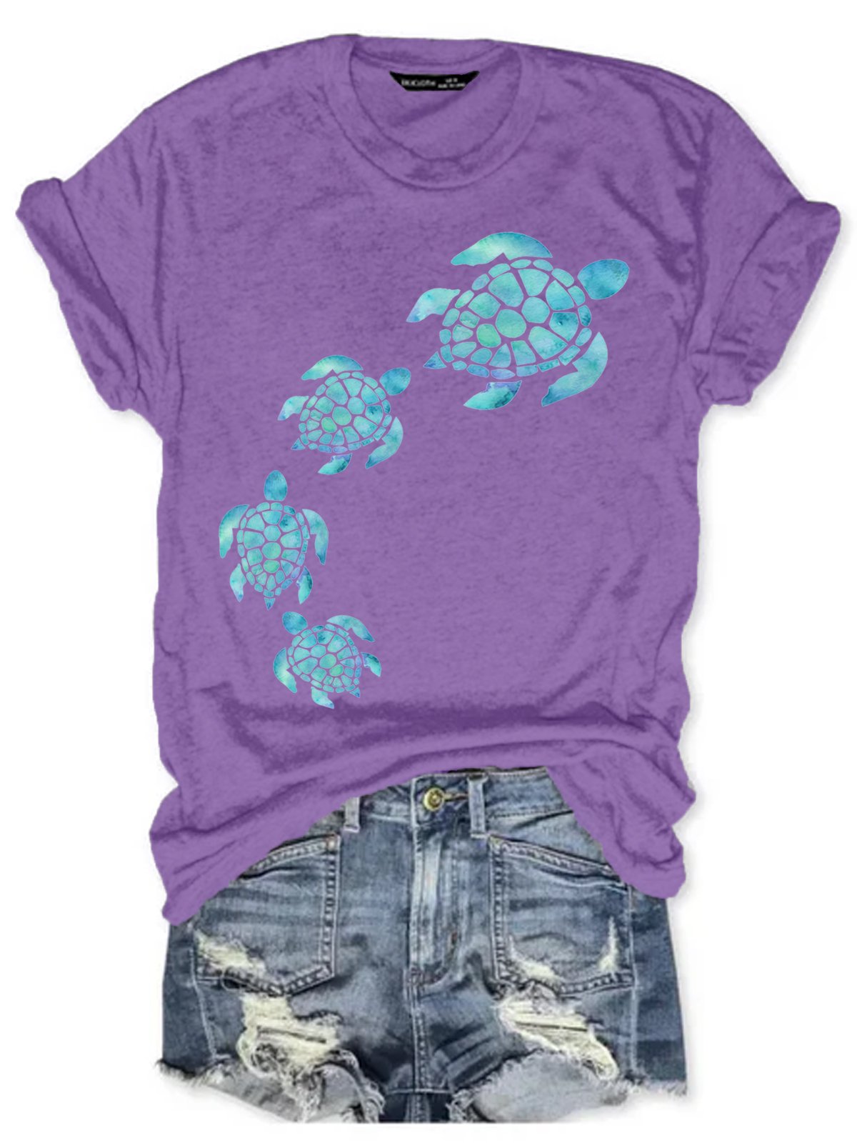 Womens Sea Turtle Watercolor Blue Print Casual T-Shirt
