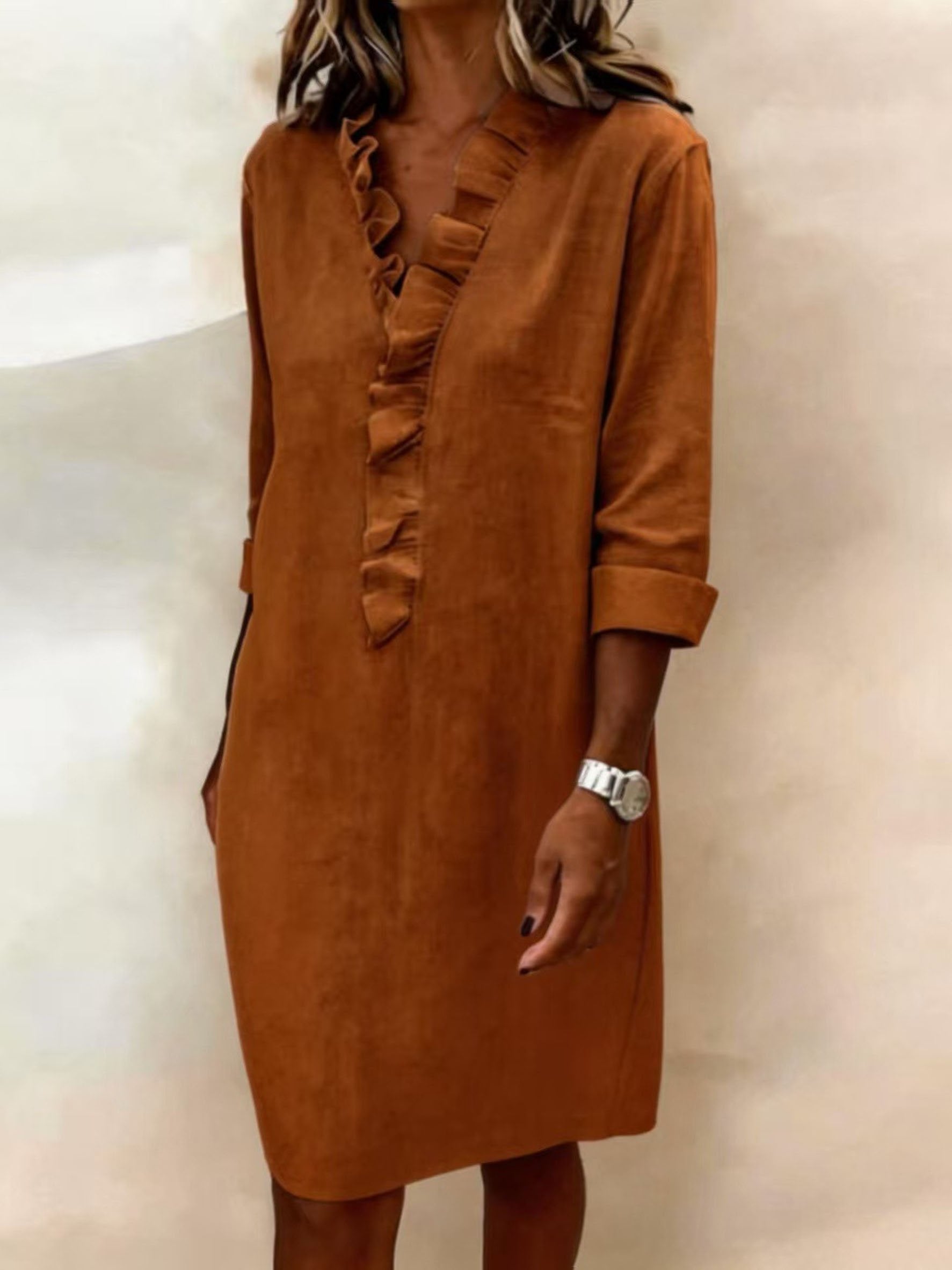 Casual Plain Cotton Blend Half Sleeve Ruffle Detail V Neck Going Out Elegant Shirt Dress
