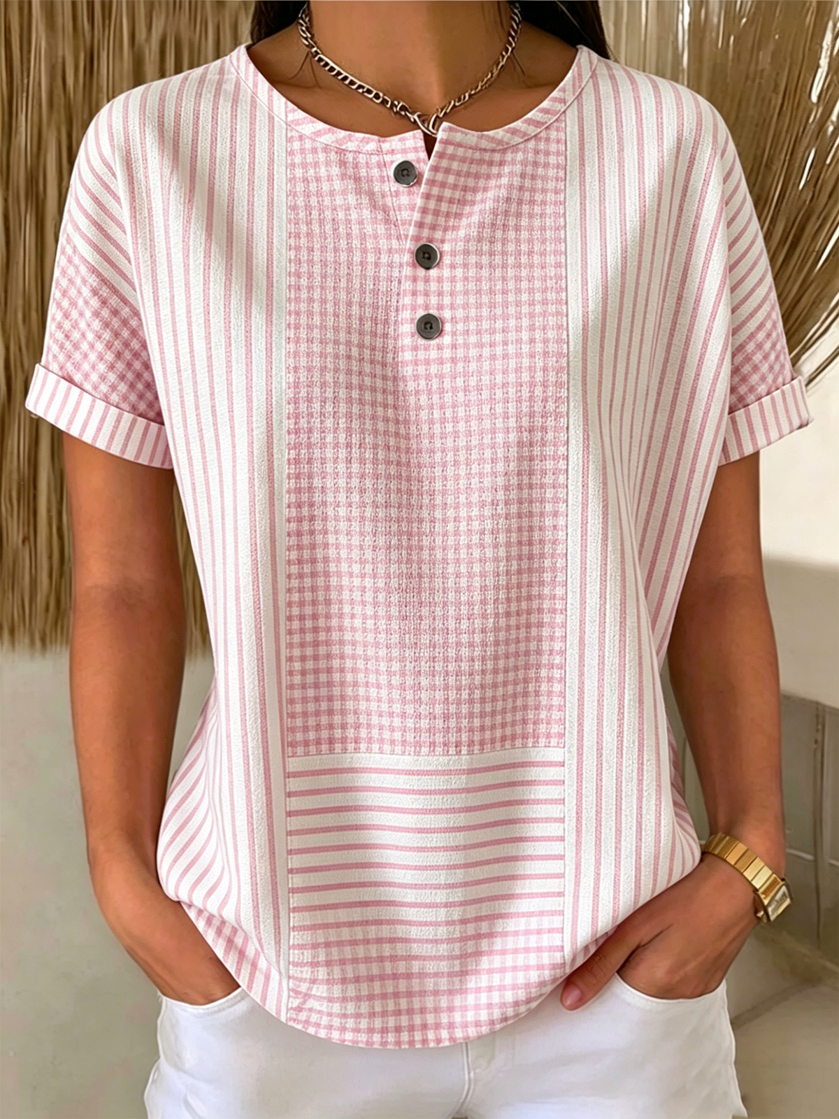 Women's Gingham & Stripe Patchwork Henley Short Sleeve Button T-Shirt