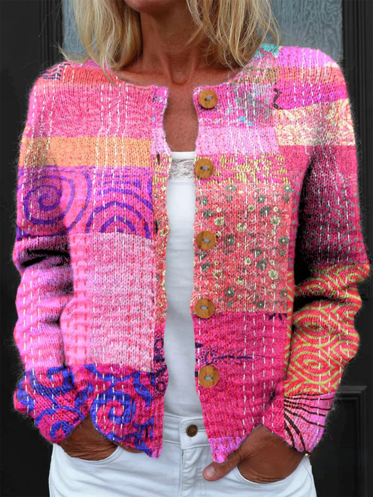 Vintage Colorful Patchwork Art Print Buttoned Cardigan Sweater