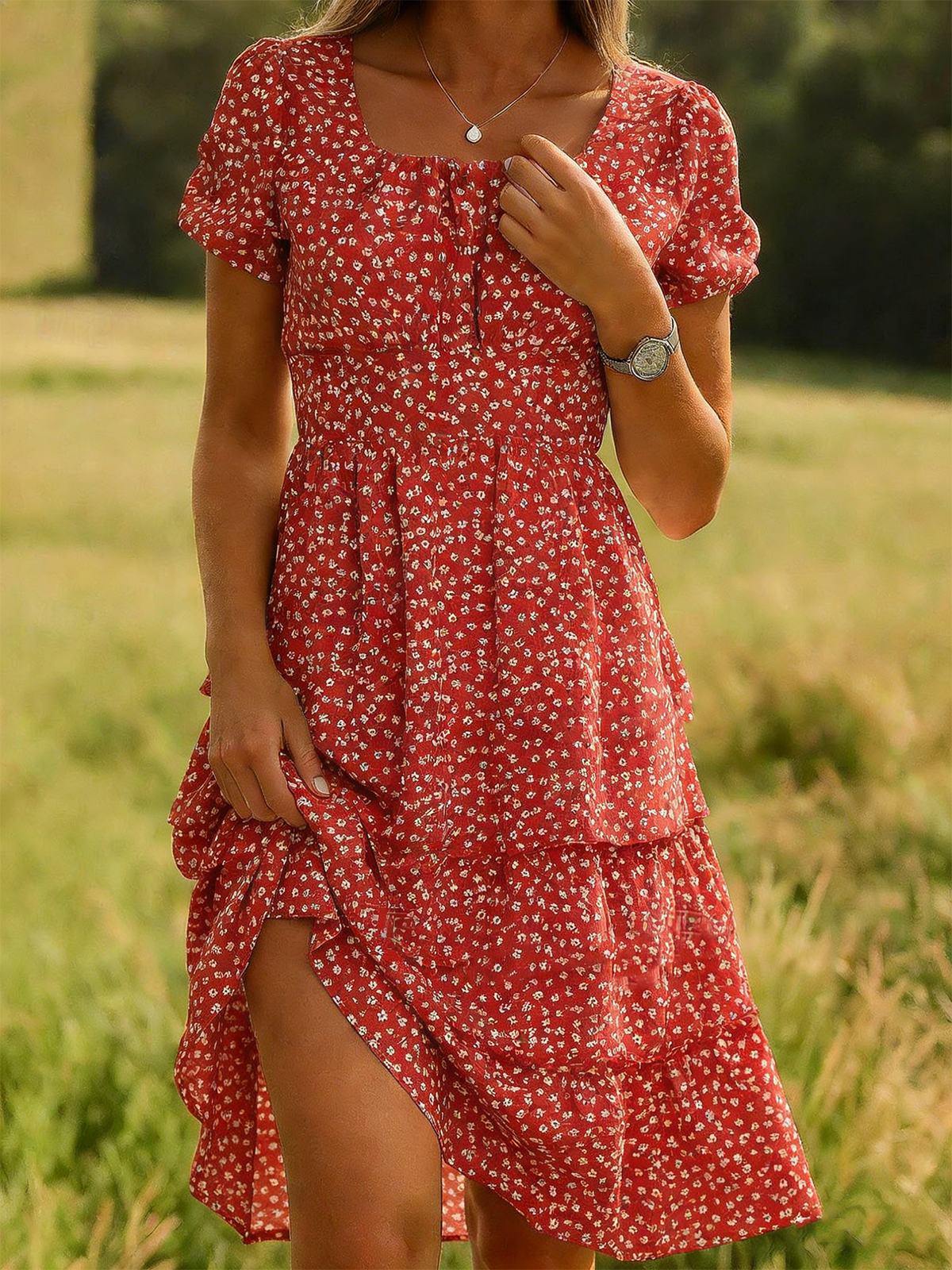 Vintage Ditsy Floral Regular Fit Dress With No
