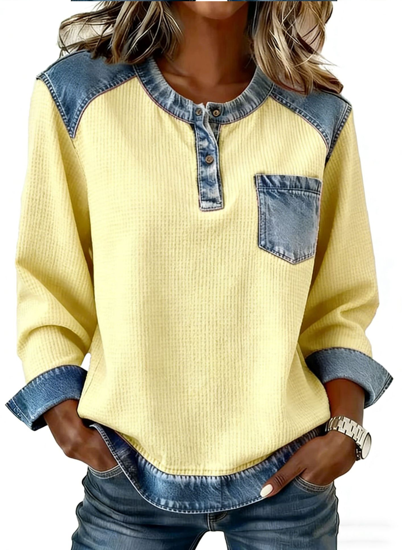 Denim Color Block Crew Neck Half Placket Long Sleeve Patch Pocket Casual Blouse
