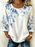 Linen Blend Vintage Floral Crew Neck Shirt